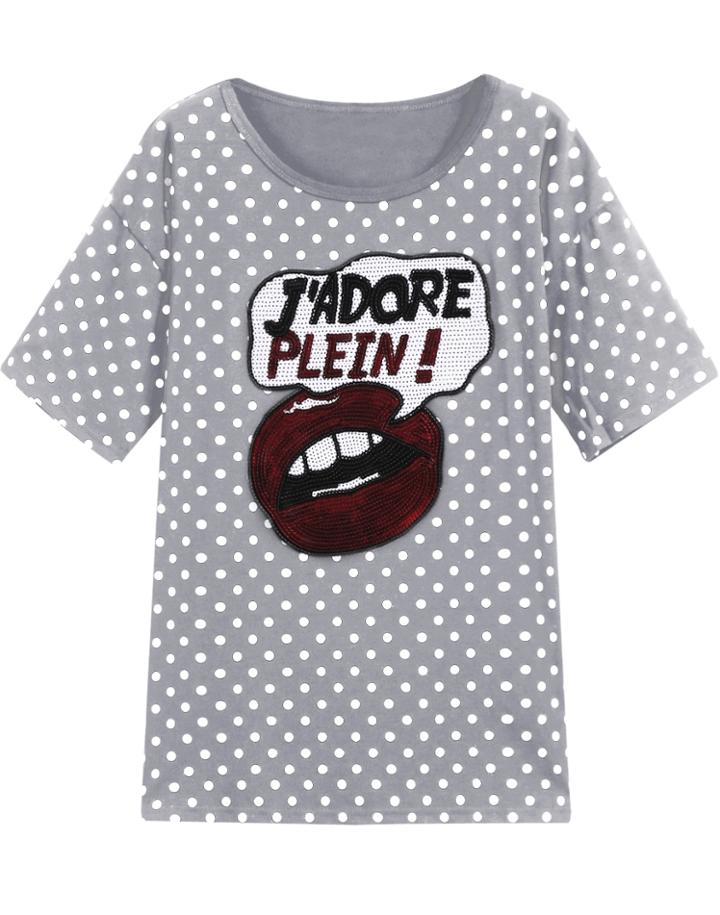 Romwe Grey Short Sleeve Polka Dot Lip Print T-shirt