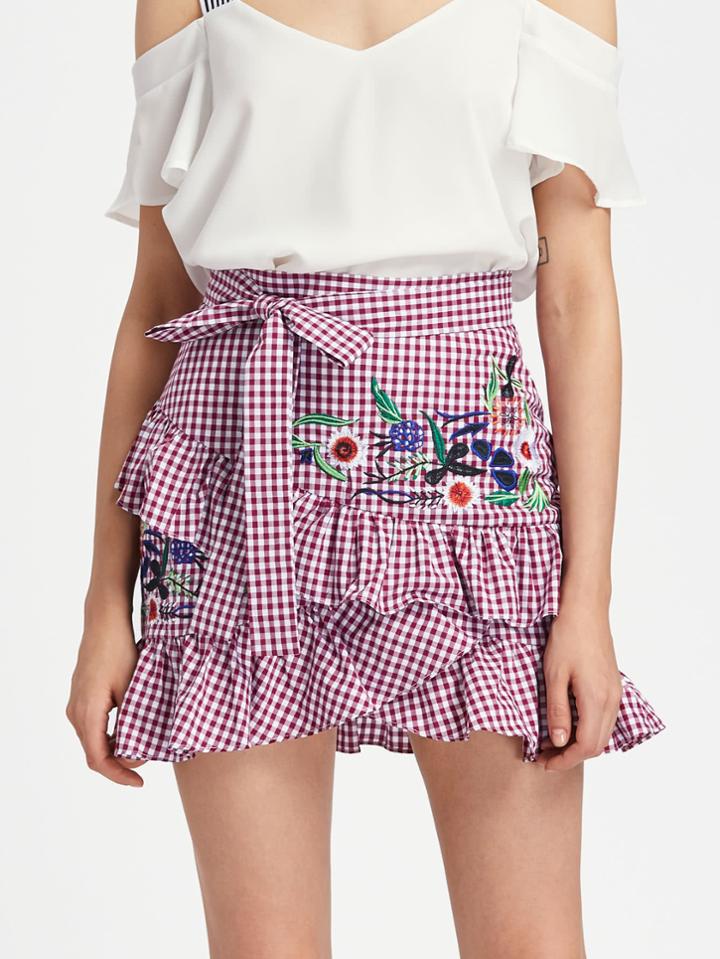 Romwe Self Belt Embroidered Asymmetric Ruffle Checkered Skirt