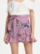 Romwe Self Belt Embroidered Asymmetric Ruffle Checkered Skirt