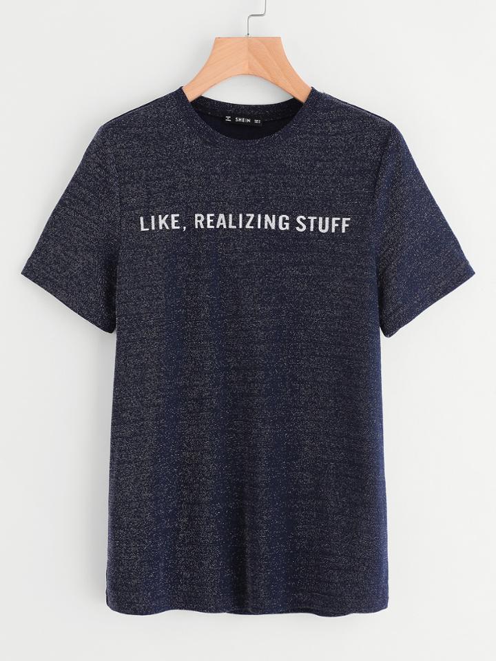 Romwe Slogan Print Glitter Tee