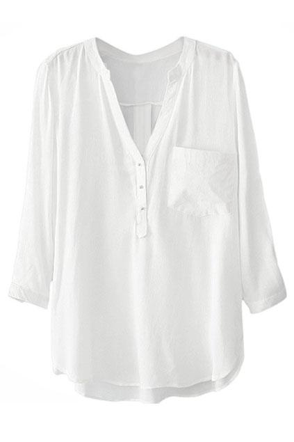 Romwe V-neck Pocketed White Shirt