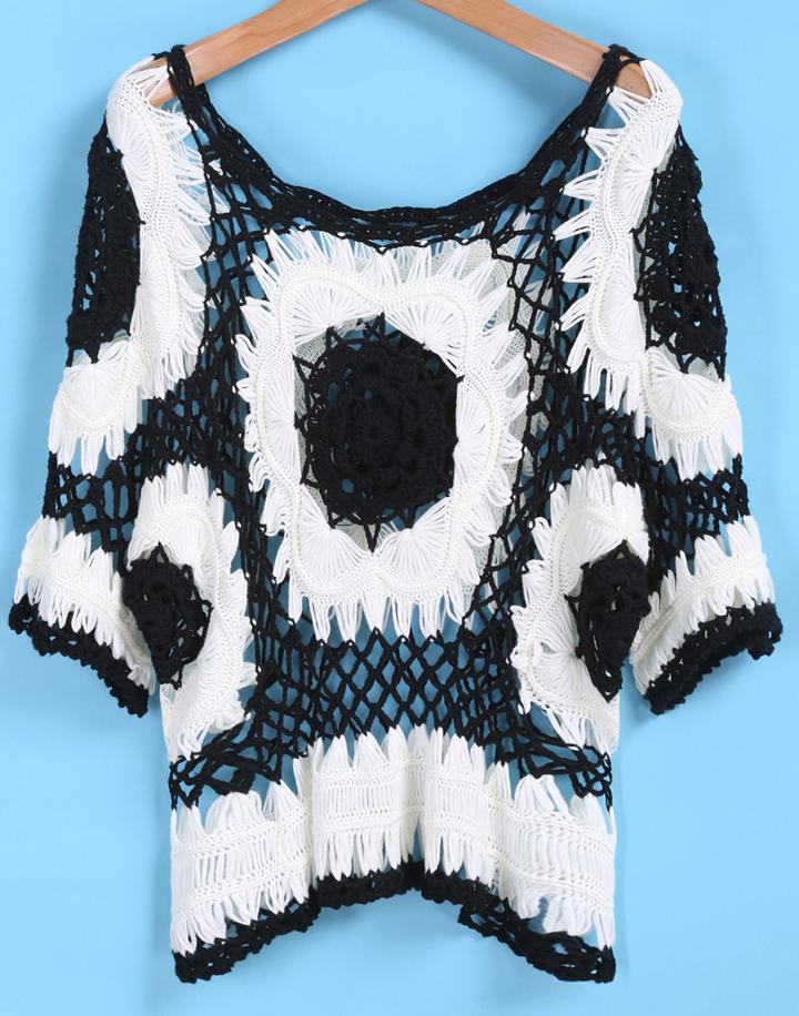 Romwe Color-block Floral Crochet Hollow Top