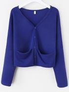 Romwe Blue Dropped Shoulder Seam Cardigan With Pockets