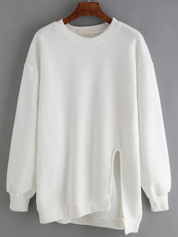 Romwe Crew Neck Split Asymmetrical White Sweatshirt
