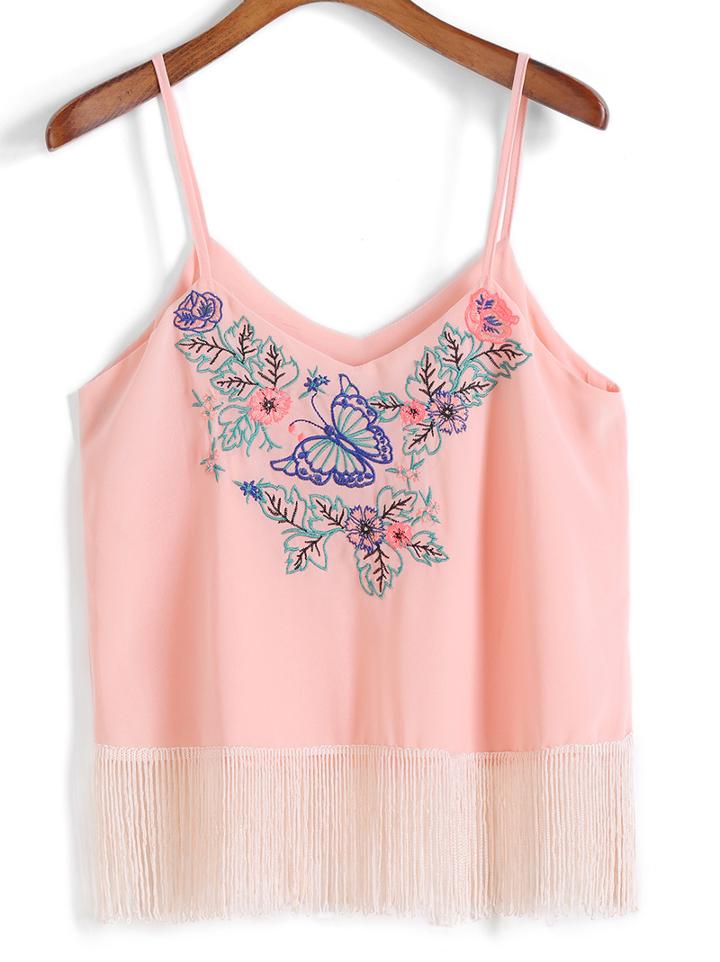 Romwe Spaghetti Strap Butterfly Embroidered Chiffon Pink Cami Top