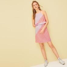 Romwe Plaid Print Ruffle Waist Cami Dress