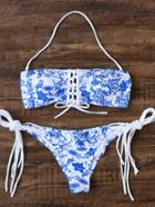 Romwe Blue Floral Print Lace Up Strappy Bikini Set