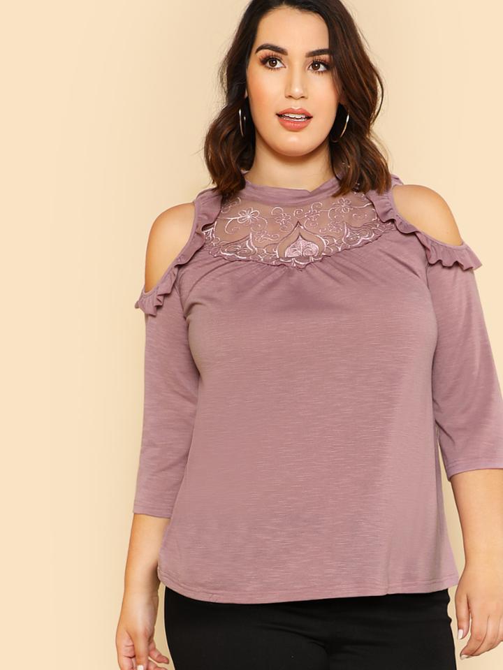 Romwe Embroidered Yoke Frilled Open Shoulder Slub Tee
