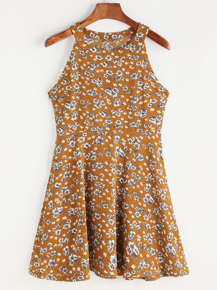 Romwe Floral Print Halter Neck Skater Dress