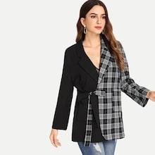 Romwe Contrast Checked Knot Coat
