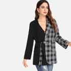 Romwe Contrast Checked Knot Coat