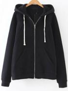 Romwe Black Zipper Up Hooded Sweatshirt With Pocket