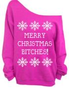 Romwe Oblique Shoulder Christmas Snowflake Print Purple Sweatshirt