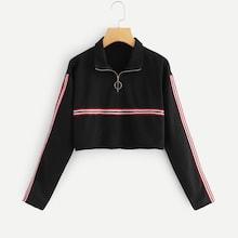 Romwe Striped Panel Crop Zip Front Sweatshirt