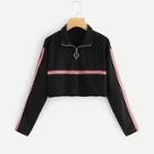 Romwe Striped Panel Crop Zip Front Sweatshirt