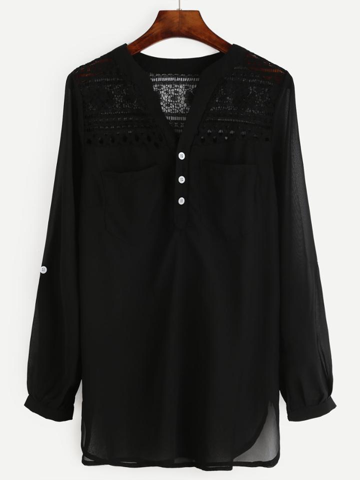 Romwe Black Crochet Panel Half Placket Blouse With Pockets