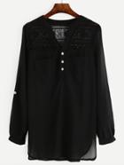 Romwe Black Crochet Panel Half Placket Blouse With Pockets