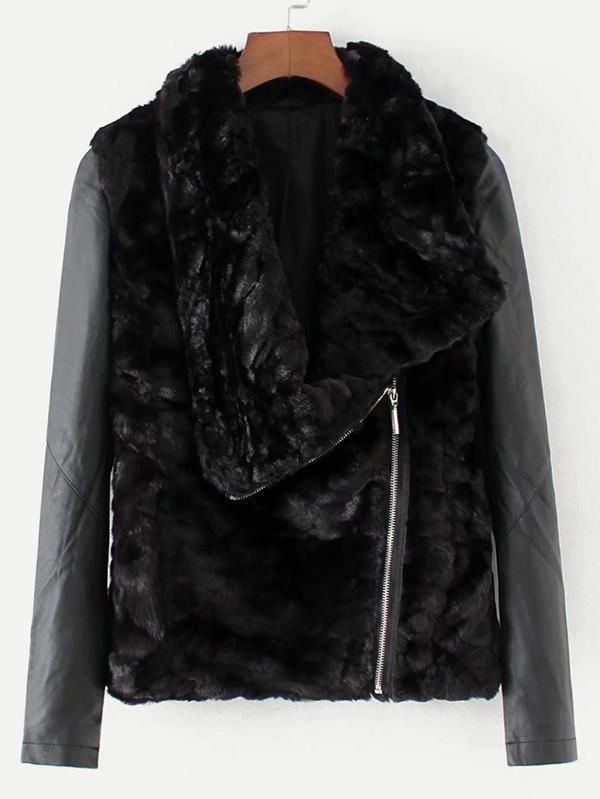 Romwe Pu Panel Faux Fur Jacket