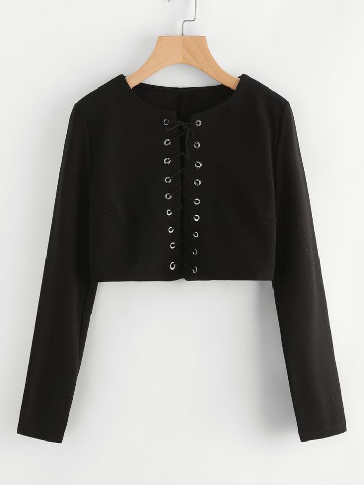 Romwe Eyelet Lace Up Crop T-shirt