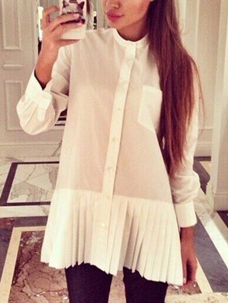 Romwe Stand Collar Pleated Hem Blouse With Pocket