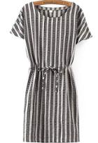 Romwe Short Sleeve Drawstring Vertical Striped Black Dress