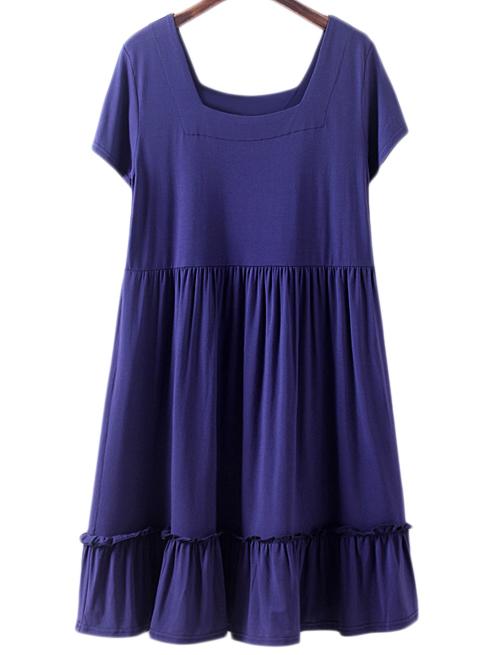 Romwe Navy Square Collar Ruffle Hem Pleated Casual Dress