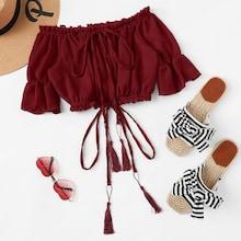 Romwe Drawstring Tassel Frill Trim Bardot Crop Top