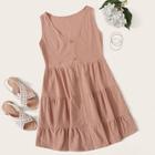 Romwe Solid Sleeveless Button Front Ruffle Hem Dress