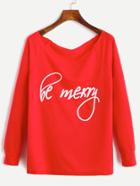 Romwe Red Letter Print V Neck Raglan Sleeve T-shirt