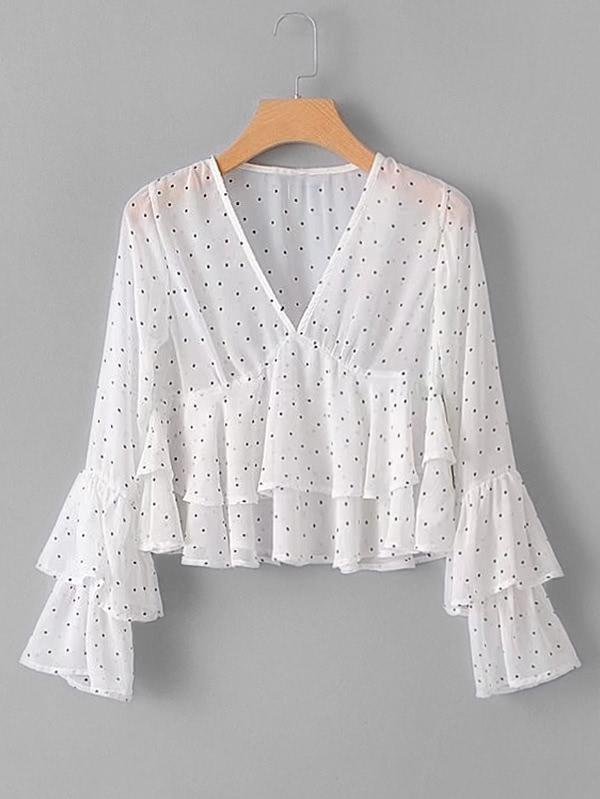 Romwe Tiered Flounce Polka Dot Blouse