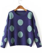 Romwe Blue Polka Dot Drop Shoulder Knitwear