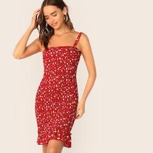 Romwe Frill Trim Pep Hem Shirred Ditsy Floral Sundress