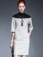 Romwe Grey Round Neck Length Sleeve Contrast Knit Pockets Dress