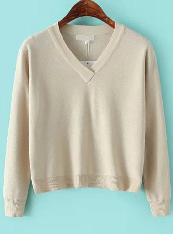Romwe Solid V Neck Beige Knit Sweater