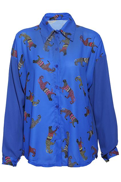 Romwe Leopard Print Asymmetric Blue Shirt