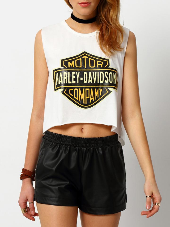 Romwe Letter Print Split White Tank Top