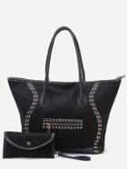 Romwe Black Cloth Studded Front Zipper Tote Bag With Clutch