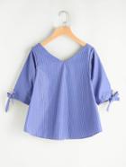 Romwe V Neckline Vertical Striped Bow Tie Sleeve Blouse