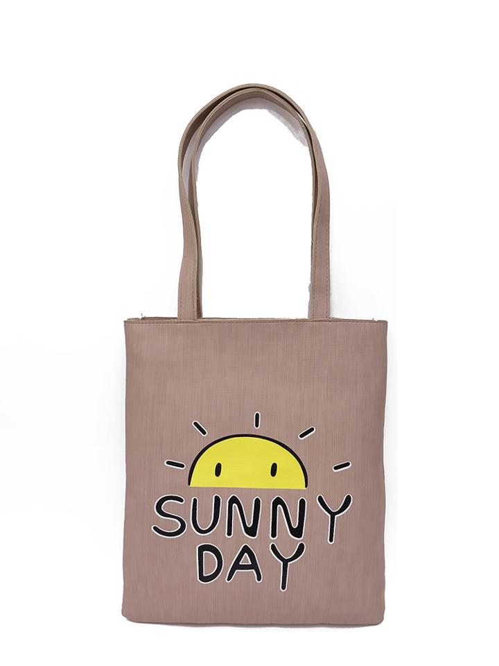 Romwe Letter And Sun Print Pu Tote Bag