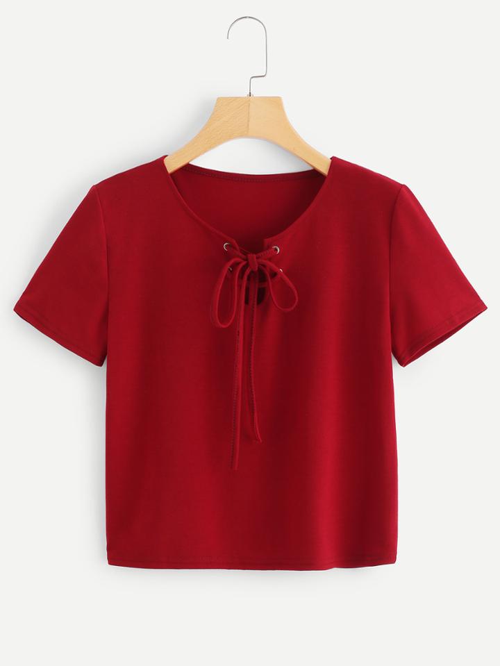 Romwe Lace Up Front Solid T-shirt