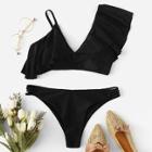 Romwe Asymmetrical Ruffle Top With Ladder Cut-out Bikini