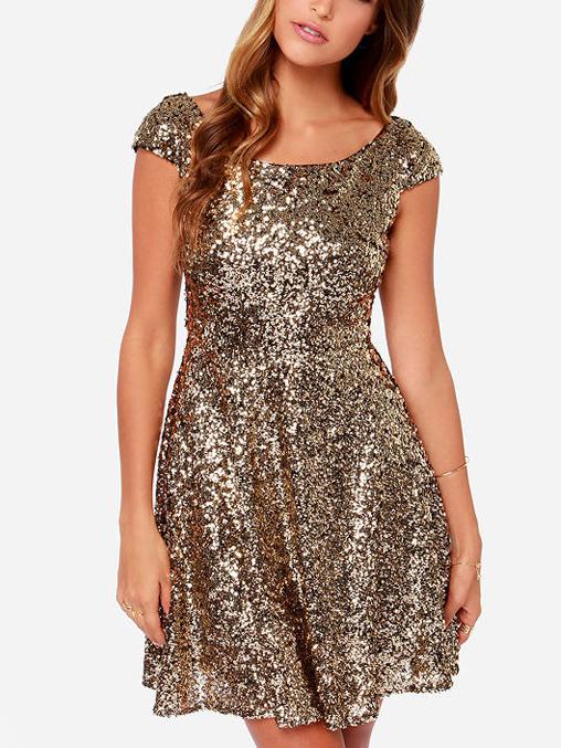 Romwe Gold Sequin V Cut Out Back A Line Dress