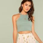 Romwe Rib Knit Fitted Crop Halter Top