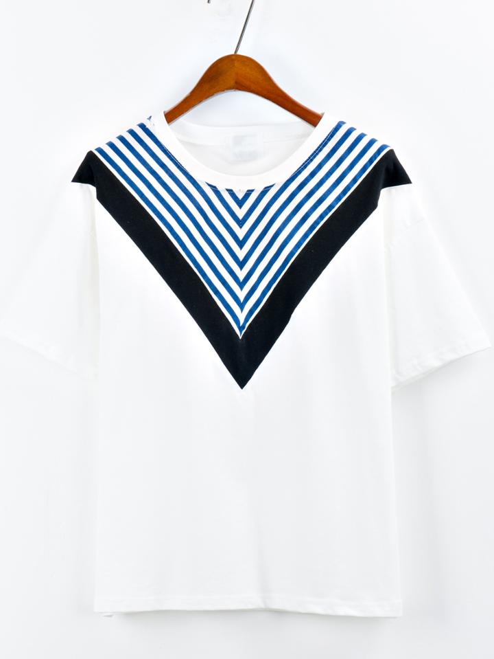 Romwe White Chevron Patch Drop Shoulder T-shirt