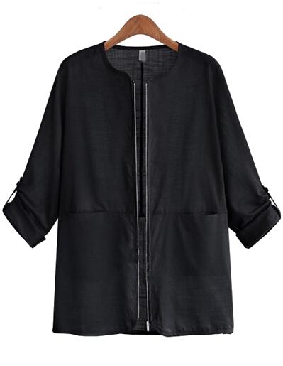 Romwe Black Long Sleeve Zipper Pockets Coat