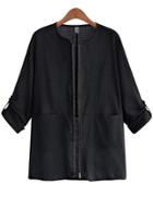 Romwe Black Long Sleeve Zipper Pockets Coat