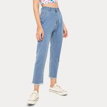 Romwe Raw Hem Solid Button And Pocket Detail Jeans