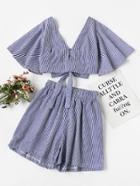 Romwe Plunging V-neckline Striped Knot Crop Top With Shorts