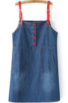 Romwe Contrast Straps Pocket Buttons Denim Blue Dress