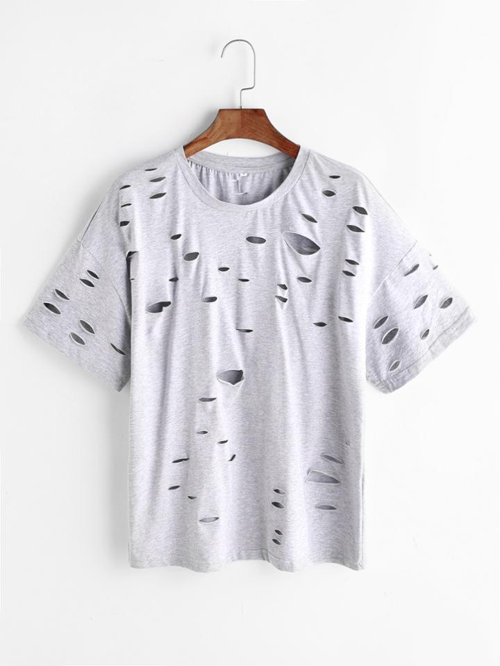 Romwe Heather Grey Drop Shoulder Distressed T-shirt